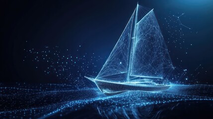 Digital sailboat sailing dark ocean, network background, tech concept