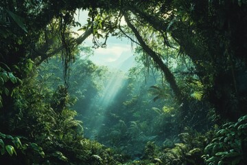 Sunlight filters through a lush tropical rainforest canopy.