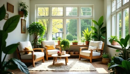 Bright sunroom, abundant plants, comfy seating area, floral, interior