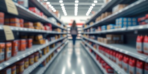 Blurred view of a supermarket aisle with shelves stocked with various products and a person in the distance