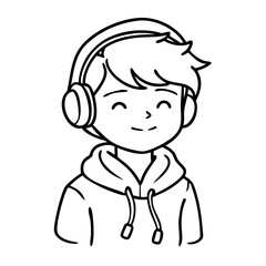 Happy Boy with Headphones Smiling in Hoodie Vector Illustration for Coloring and Design