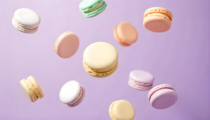 Fototapeta premium A delightful display of colorful macarons floating against a soft, pastel purple backdrop.