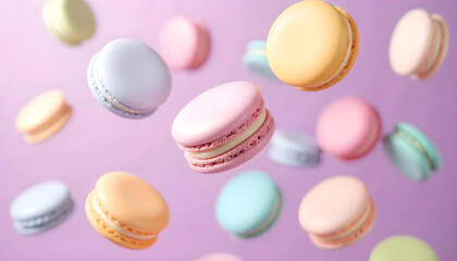 Obraz premium Delightful array of pastel-colored macarons seemingly suspended in mid-air on a soft purple backdrop.