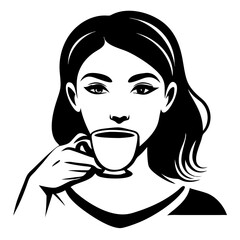 Elegant Woman Holding Coffee Cup Black and White Illustration for Lifestyle Branding and Design