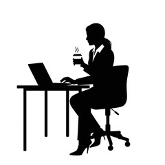 Working Woman Silhouette: A striking silhouette of a woman working at her desk, holding a cup of coffee in one hand and typing on her laptop with the other.