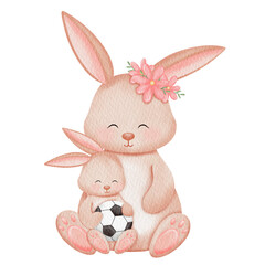 Cute watercolor mother and baby rabbits.  Mother's Day.