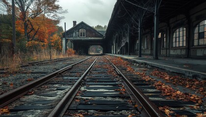 Fototapeta premium Forgotten railway station, autumnal perspective.