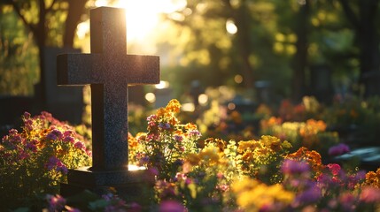 Granite cross gravestone surrounded by vibrant flowers in a peaceful cemetery, bathed in golden hour sunlight with lens flare for a serene composition.  