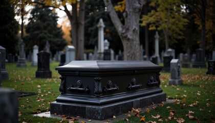 Black coffin in a cemetery surrounded by autumn leaves  