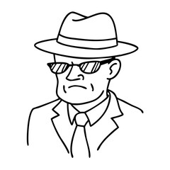 Vintage Detective Character in Suit and Hat with Sunglasses Outline Design for Illustrations