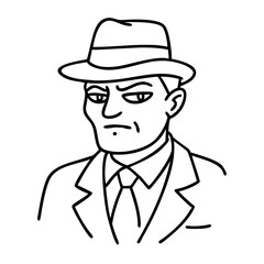 Stylized Detective Character Illustration with Fedora Hat and Sharp Suit Design