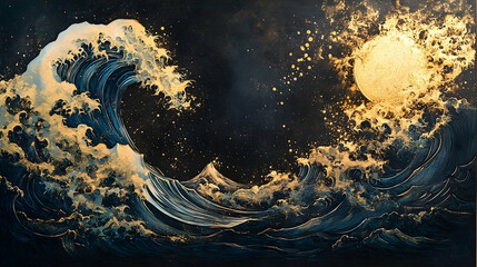 A majestic gold and dark blue wave painting, evoking a sense of the sea's power and beauty.