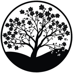 Obraz premium Black and White Cherry Blossom Tree Silhouette in Circle: Elegant Floral Design, Nature Art, Japanese Style Illustration, Vector Graphic