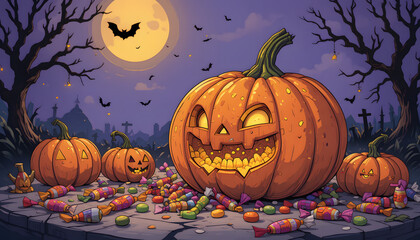 Cute jack o lantern pumpkin for Halloween theme. Spooky illustration theme with castle and glowing jack o lantern with candies and bats with full moon