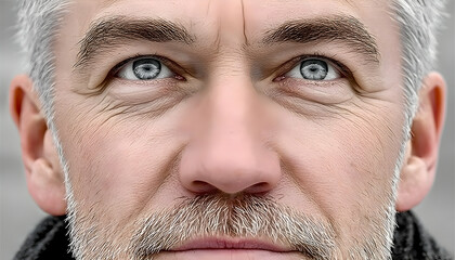 Obraz premium Close-up of a mature man's face, gazing upward, showing detail of eyes, nose, and stubble