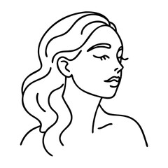Elegant Line Art Portrait of a Serene Woman with Flowing Hair for Tattoo and Coloring Design