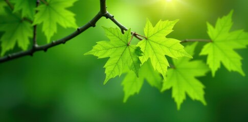 Fototapeta premium Vibrant green maple leaves unfurl on delicate branches , botanical, photo, texture