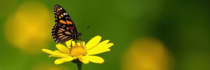 Fototapeta premium A black and brown speckled butterfly feeding on a bright yellow bloom , insect, brown