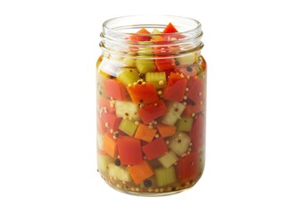Homemade pickled relish vegetables in a glass mason jar isolated on white background