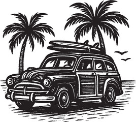 Vintage car beach drawing vector illustration