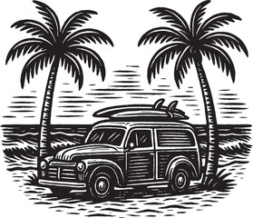 Surfing trip car vintage vector illustration