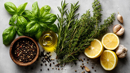 Overhead shot of assorted herbs, lemon halves, garlic cloves, peppercorns, and olive oil, arranged on a gray surface, showcasing fresh ingredients for cooking or culinary design