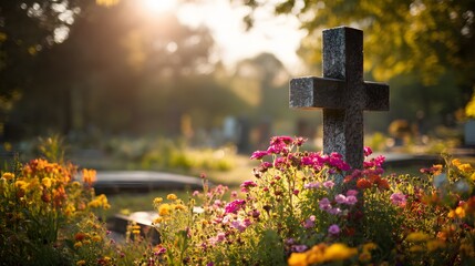 Granite cross gravestone surrounded by vibrant flowers in a peaceful cemetery, bathed in golden hour sunlight with lens flare for a serene composition.  