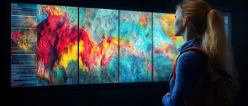 Woman viewing vibrant abstract artwork. - Powered by Adobe