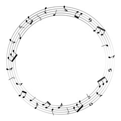 Music notes background, round musical frame, vector illustration.