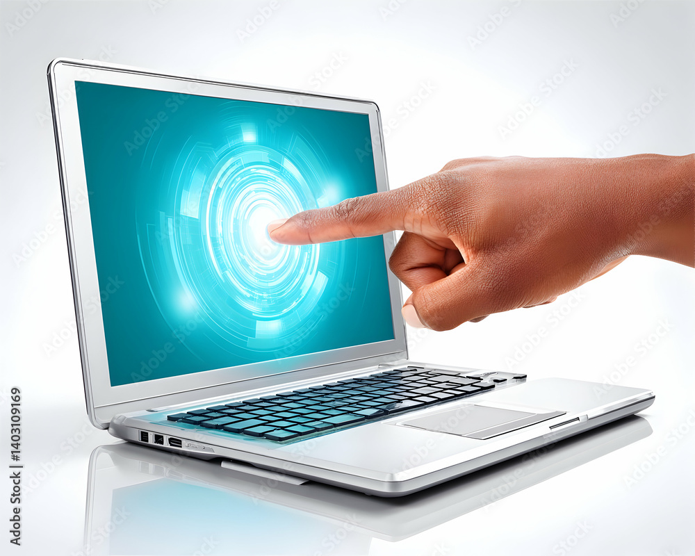 Wall mural hand interacting with glowing circular interface on laptop screen