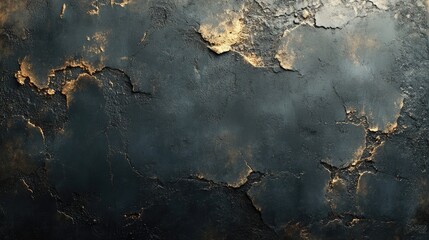 Dark, textured, cracked surface.  Intricate patterns, aged, and worn.  Rich tones of dark grey, charcoal, and hints of gold
