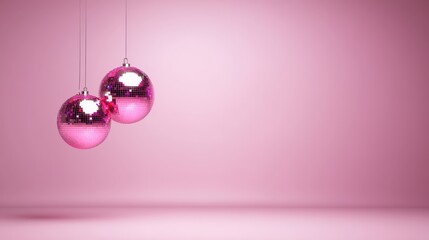 This image portrays two shiny pink disco balls hanging together, reflecting light and color, symbolizing celebration, unity, and joy in festive gatherings and parties.