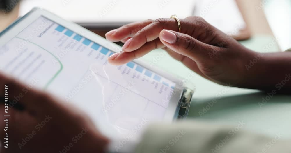Leinwandbilder hands, tablet and screen with graphs, review and statistics for company sales or data analysis in of