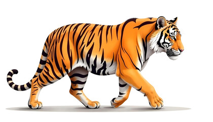 Fototapeta premium A striking digital illustration features a beautiful tiger confidently walking on a white background.