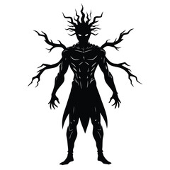 Fototapeta premium Silhouette of a Forest Spirit: Dark Fantasy Creature with Tree Branch Limbs, Eerie Black & White Illustration, Mythical Being Art