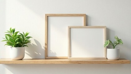 Empty picture frames over wooden shelf with plants, geometric, succulents, clean lines
