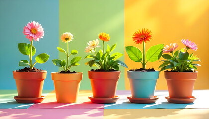 Five gerbera daisies in pots, showcasing a spectrum of colors against vibrant backgrounds.