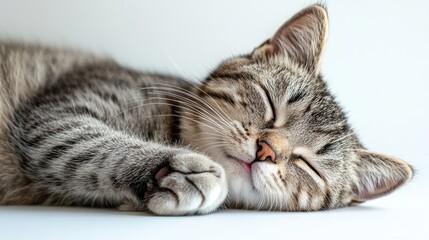 Tabby cat sleeping soundly indoors, peaceful scene, white background, pet adoption