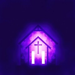 Symbolic Church Silhouette with a Christian Cross Radiating Light on Deep Purple