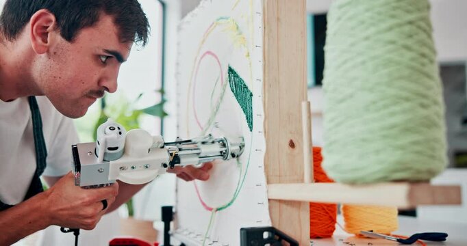 Man, textile and machine in workshop with tufting for carpet, creative design or embroidery at workplace. Business, employee and designer with wool, manufacture or yarn for handmade rug or weaving