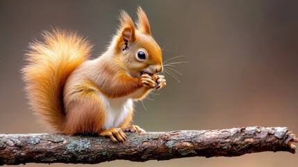 Fototapeta premium A charming red squirrel perched on a wooden branch, focused on eating a nut with its bushy tail extended, showcasing the beauty of wildlife in nature.