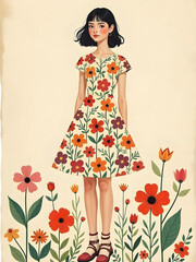 Fototapeta premium A young woman in a floral dress surrounded by flowers, a spring or summer aesthetic.