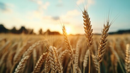 This image features vibrant golden grains of wheat glowing beautifully in the sunset light, showcasing the natural beauty and rich textures found in agricultural fields.