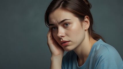 Contemplative young woman with concerned expression on dark backdrop