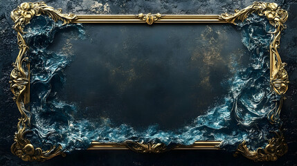 A gilded antique frame with flowing teal waves.