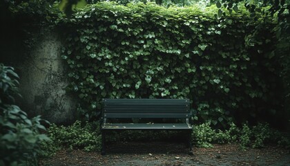 A dark green park bench nestled beneath a dense wall of ivy.