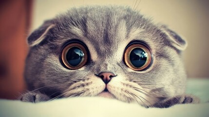 Adorable grey kitten, large eyes, indoor closeup, blurred background, pet adoption poster