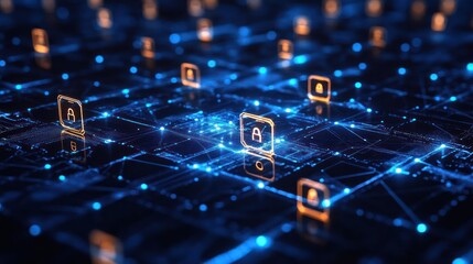 Secure digital network; glowing padlock icons, data flow; abstract background; cybersecurity concept