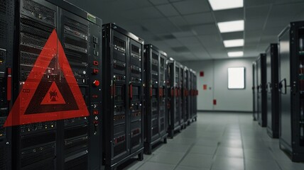 Data Breach Alert: Server Room under Cyberattack with Red Warning Sign