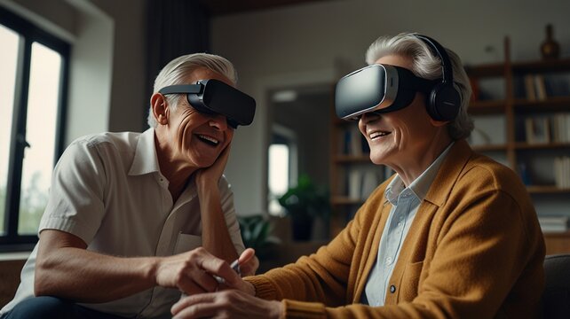 Cheerful seniors exploring virtual reality with immersive headsets, enjoying shared experiences - Powered by Adobe
